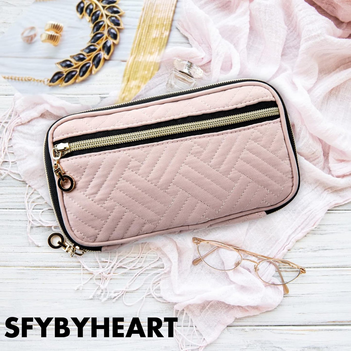 SFYBYHEART Travel Jewelry Organizer Case, Jewelry Travel Bags for Women, Small Travel Jewelry Case for Tangle-Free Earrings, Necklaces, Rings Storage, Travel Accessories, Travel Essentials, Pink