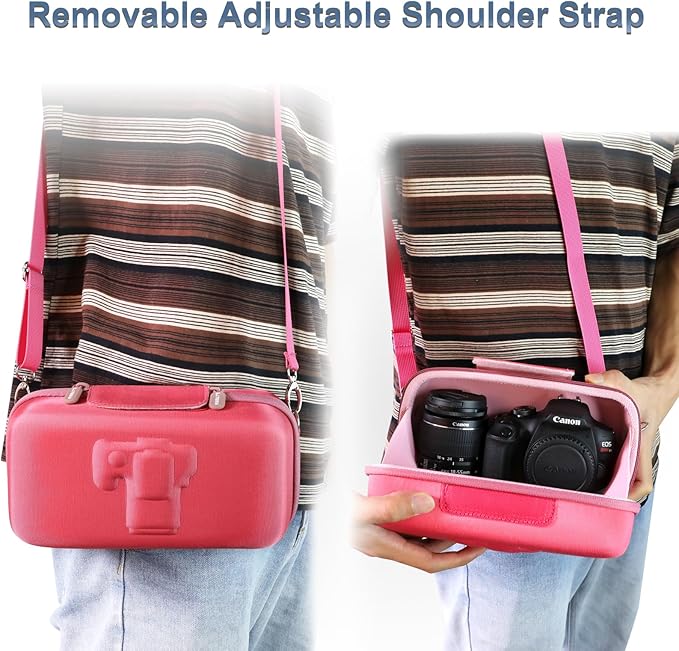 LTGEM Camera Case for Canon EOS Rebel T7 / R50 / R100 / R50 V / T6 / R8 / R10 / RP / SL3 / R5 / T100 DSLR SLR Camera and 18-55mm/18-45mm Lens with Shoulder Strap, Magenta+Pink