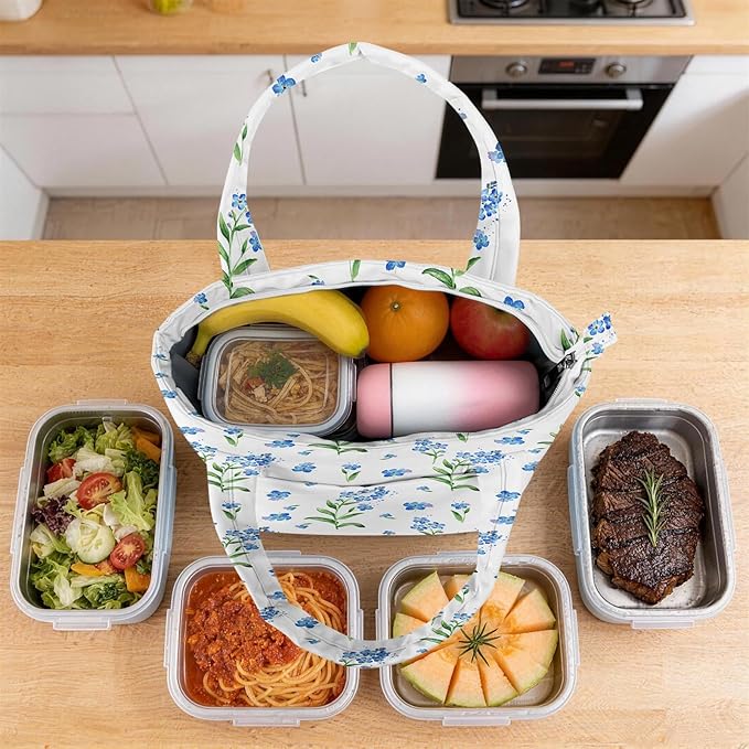 Tote Lunch Bag Women Stylish Quilted Lunch Boxes for Adult Fit and Fresh Cooler Insulated Lunchbox for Work Large 10 Liters Cute Compact Lunchbag Waterproof Blue Floral