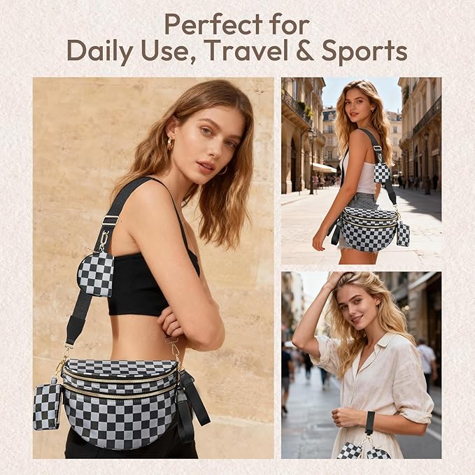 Cross Body Bag for Women Bum Bag Checkered Belt Bags Fanny Packs for Girls Travel Purse Fashion Waist Packs Crossbody Nylon Purse Trendy Shoulder Bags for Womens