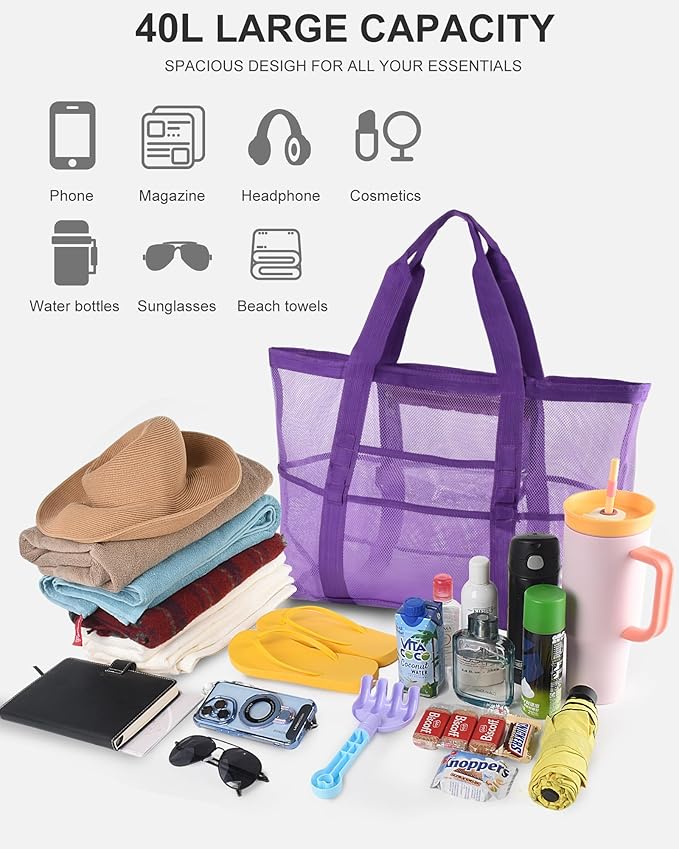 Genteen 40L Mesh Beach Bag, Foldable Sandproof Tote with Waterproof Pocket Quick Dry for Women Family Pool Vacation(White