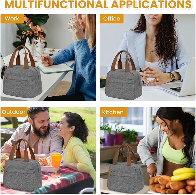 Insulated Lunch Bag for Women, Portable Lightweight Lunch Box for Adults, Reusable Small Lunch Tote Cooler Bags with Front Zipper Pocket for Work School Picnic(Gray)