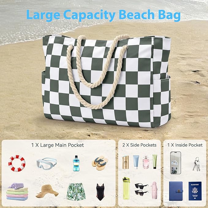 Becokan Beach Bags for Women Checkered Large Beach Tote Bag Zipper Beach Bags Waterproof Sandproof Canvas Swim Pool Bag