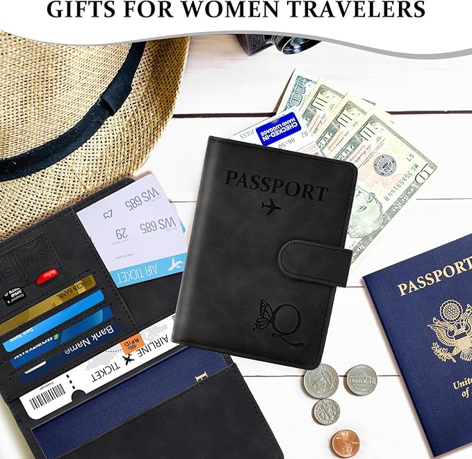 COSHAYSOO Initial RFID Passport Cover for Women Passports Book Holder Case Air Travel Essentials Airplane Flight Accessories Airline Plane Flying Must Haves Traveler Gifts Butterfly Letter Black Q