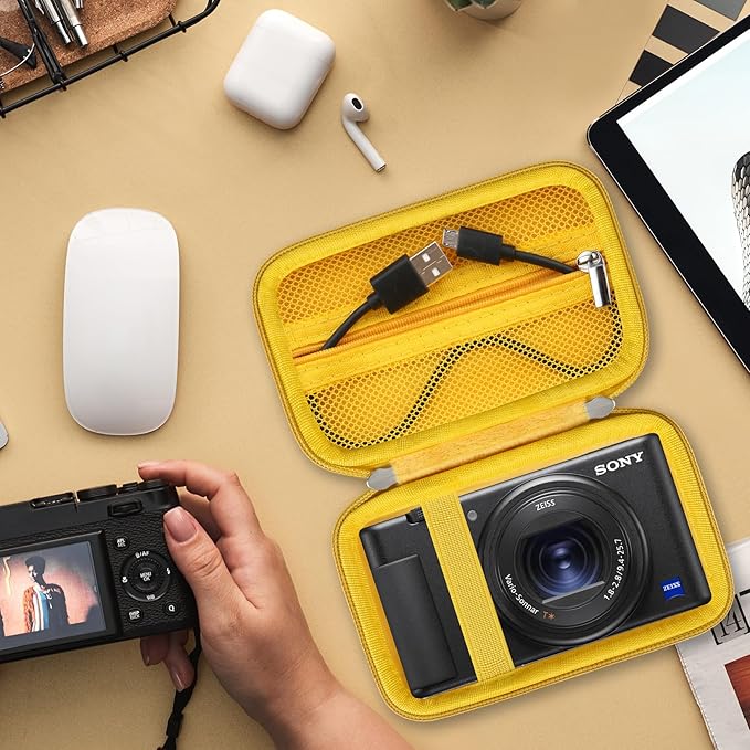 Hard Travel Case for Sony ZV-1F / ZV-1 / ZV-1 II Digital Camera, Storage Holder Travel Bag with Zipper Mesh Pocket for Battery Pack, Charging Cable, USB Card, Yellow