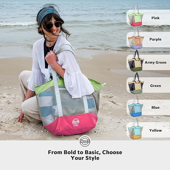 STOVER Extra Large Mesh Beach Bag, Vacation, Pool, Shopping & Travel Tote - Foldable w/Storage Pouch & Pockets for Women, Men