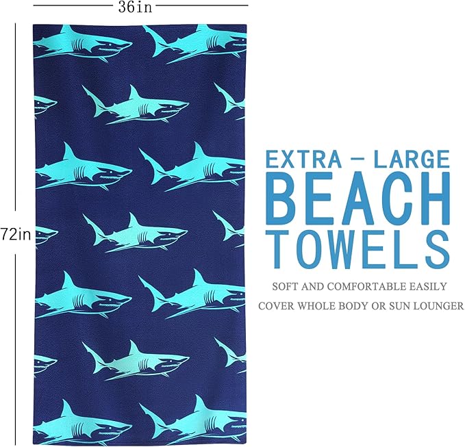 Genovega Oversized Terry Beach Towel 36 x 72 in Soft Extra Large Big Pool Swim Towels for Adult XL Clearance Travel Blanket Cruise Vacation Accessories Essentials Lounge Chair Cover Small Shark