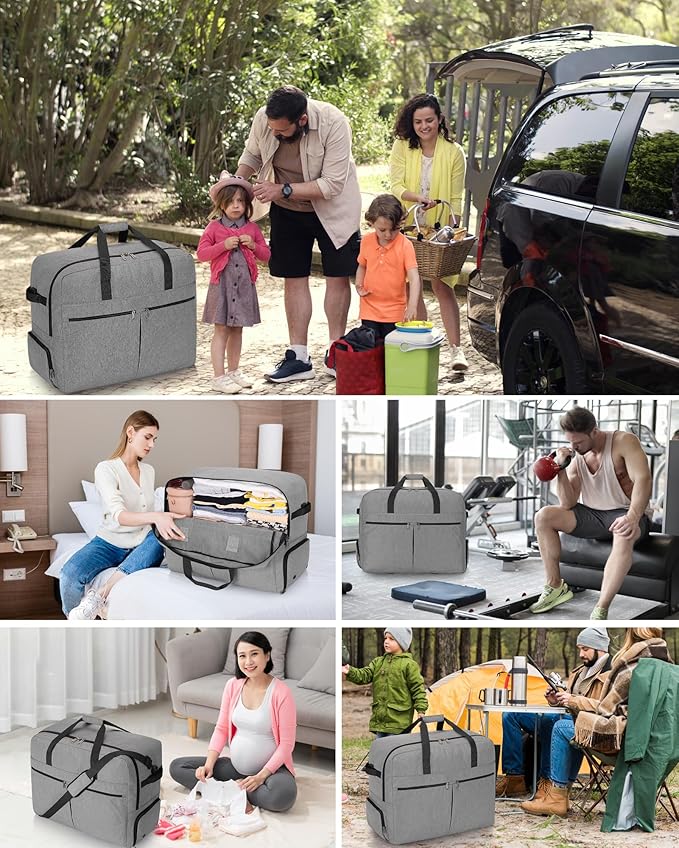 100L Foldable Large Travel Duffle Bag for Men and Women, Packable Duffel Bags with Shoe Compartment, Water Repellent & Tear Resistant (Gray)