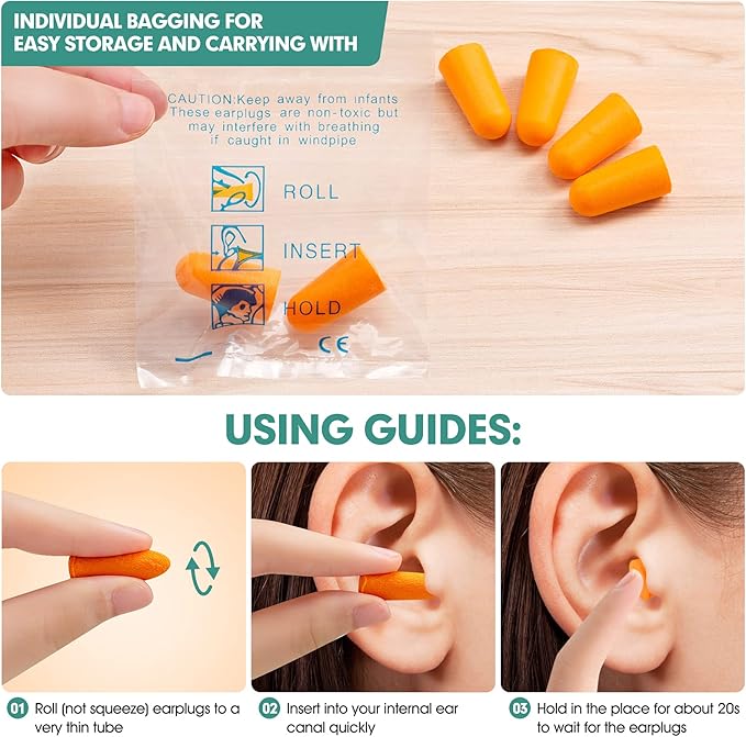 100 Pairs Orange Foam Ear Plugs - 33dB NRR Noise Cancelling, Soft & Comfortable, Individually Wrapped for Sleeping, Work, Travel, Loud Events, and Snoring