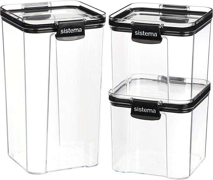 Sistema Tritan Ultra Airtight Pantry & Kitchen Storage Containers, 3-Pack, Clear Stackable Square Food Storage, BPA-Free, Dishwasher & Freezer-Safe (Microwave-Safe Without Lid)