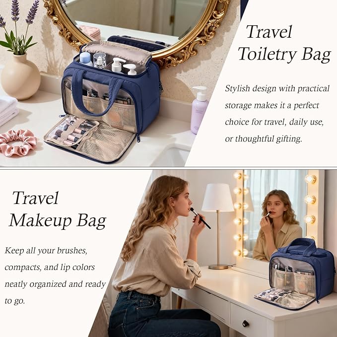 Travel Toiletry Bag for Women, Lightweight Large Quilted Puffy Makeup Bag Wide-open Make up Organizer Cloud Cosmetic Bag w/Handle for Traveling Toiletries Essentials Accessories Navy Blue