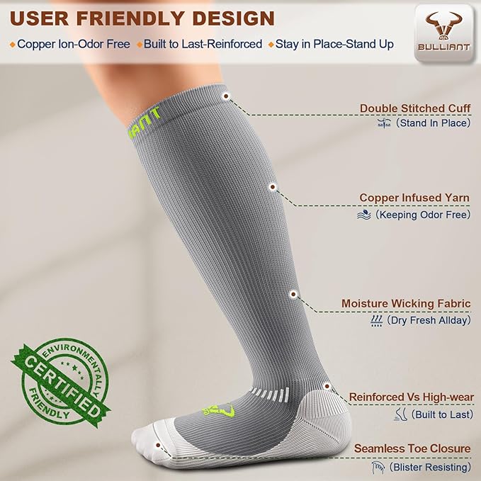 BULLIANT Compression Socks 3Pairs-15-20mmHg Circulation Support Men Women Hiking Sports Recovery-Upgraded Wicking Tech