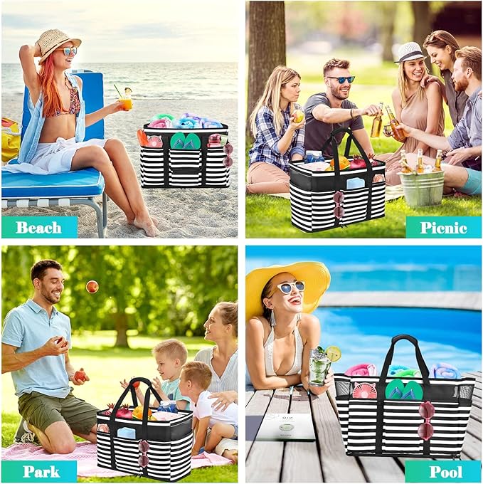 Large Beach Bag with Zipper, 12 Pockets Waterproof Sandproof Pool Bag Womens Mesh Beach Tote Bag for Travel Vacation