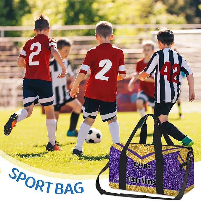 Personalized Cheerleaders' Bag with Team Number, Custom Sport Duffel Weekender Workout Dance Bags for Travel, Gold Purple Sequins Glitter