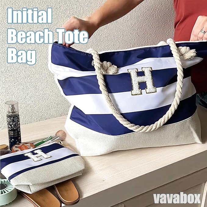 Vavabox Initial Beach Tote Bag for Women, Water-resistant Foldable Travel Beach Bag Set, Birthday Gifts for Women Mom