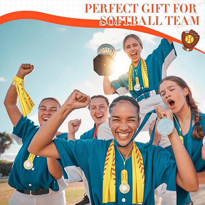 24 Pcs Sport Gifts, Includes 12 Pcs Cooling Towels 40"x12" Workout Towels, 12 Portable Fan Mini Handheld Fan for Team Gift Sport Party Favors, Battery Not Include(Yellow,Softball)