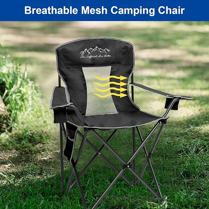 2PCS Collapsible Folding Camping Chairs Heavy Duty Lawn Foldable Chair with Cooler Bag, Storage Pocket, Waterproof Bag Outdoor Arm Sport Chair, Supports 325LBS, Black