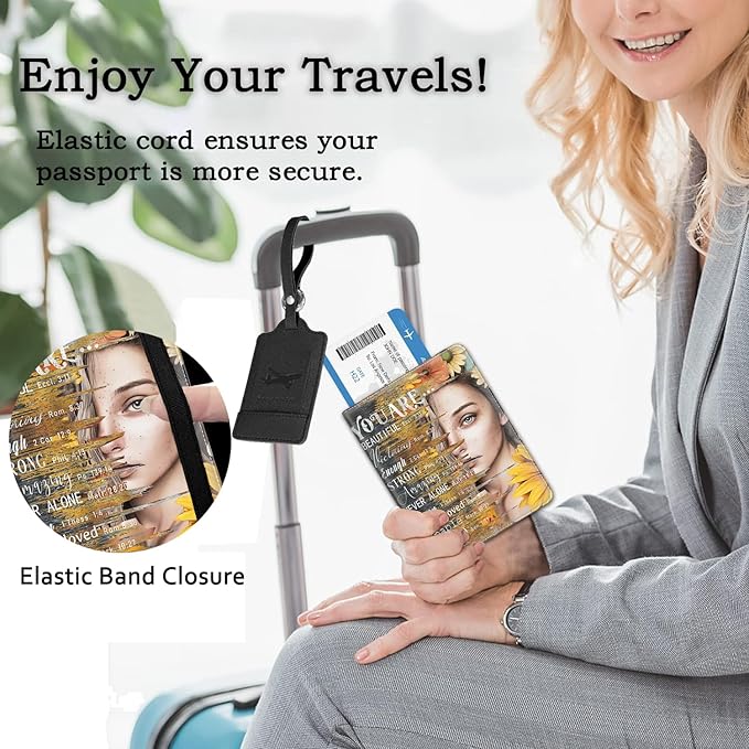 Passport Holder Women Wallet with Luggage Tag, Leather Passport Cover with RFID Blocking, Travel Accessories Multi Card Slot Passport Case for Men,Sunflower Girl Inspirational Quotes