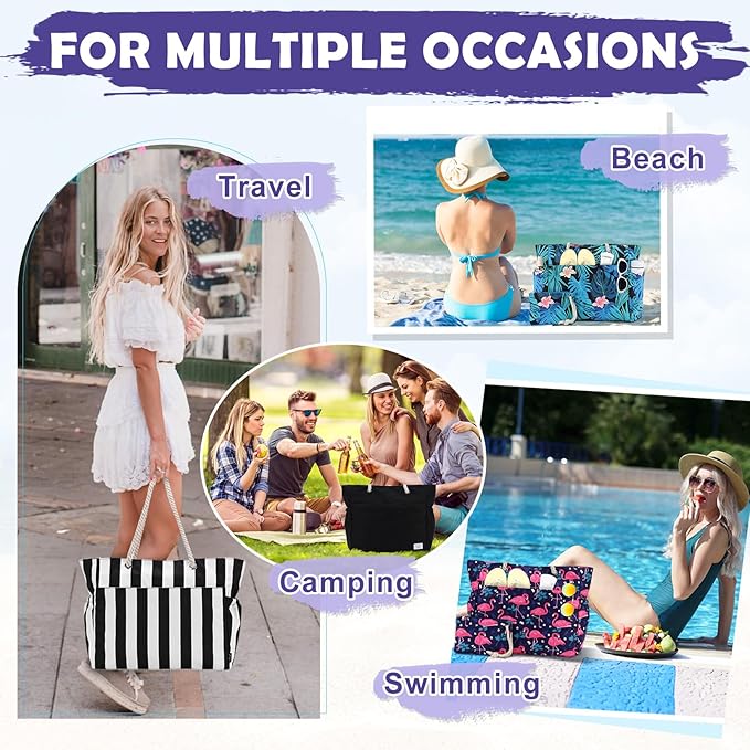 Kasqo Beach Bags for Women, Large Waterproof Beach Bag Tote Zipper Swim Pool Bag with Small Pouch for Grocery Travel Vacation