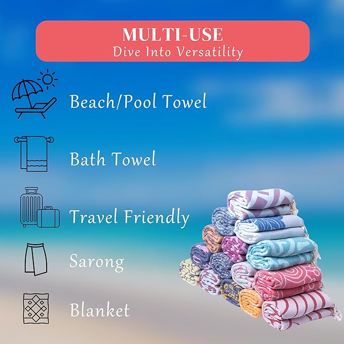 100% Cotton Luxury Beach Towels for Women - Big Beach Towel Turkish (69 x 37 inch) - Light Weight, Cloud, Sandless, Compact for Travel, Pool, Swimming - Beach Gifts for Women -Blanket, Wrap, Sarong