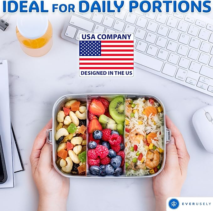 Everusely - Stainless Steel Lunch Box - 47 oz / 1.4 L, 2 Adjustable Dividers - Leakproof Snack and Salad Bento Containers for Adults - Food Storage Boxes with Lids for Work, Picnics, Travel
