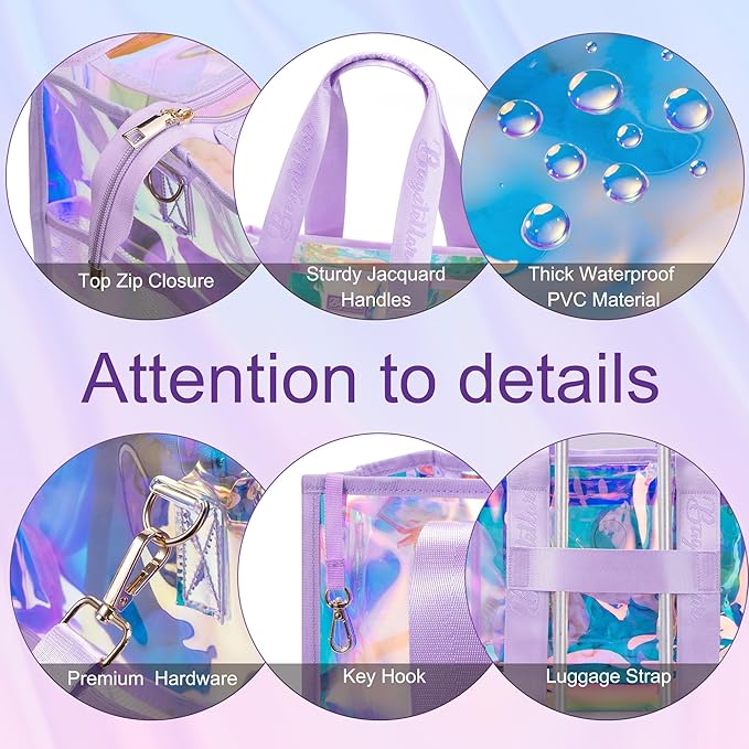 Bagstellar Iridescent Beach Tote Bags for Women, Large Zipper Beach Pool Swim Bag with Makeup Bag & Waterproof Phone Pouch | Waterproof Sandproof, Adjustable Strap, Packable, Foldable, Travel Tote Bags, Vacation Essentials, Gift for Women
