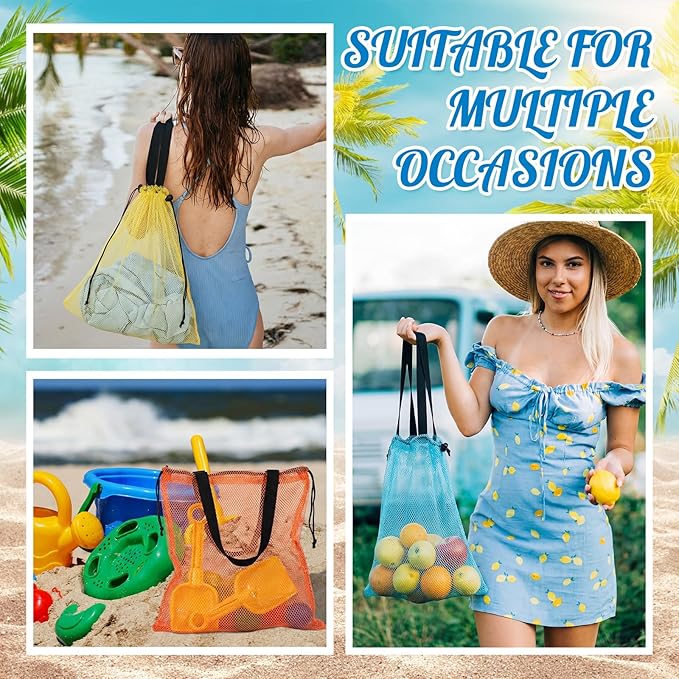 18 Pcs Mesh Beach Pool Tote Bags Bulk, Cute Drawstring Bag Large Swim Beach Toy Organizer Dopamine for Women Men Travel Lightweight Pool Essentials for Outdoor Swim Travel Shopping Gym