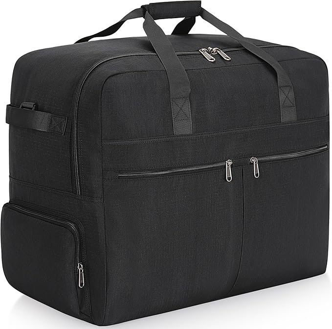 80L Foldable Large Travel Duffle Bag for Men and Women, Packable Duffel Bags with Shoe Compartment, Water Repellent & Tear Resistant (Black)