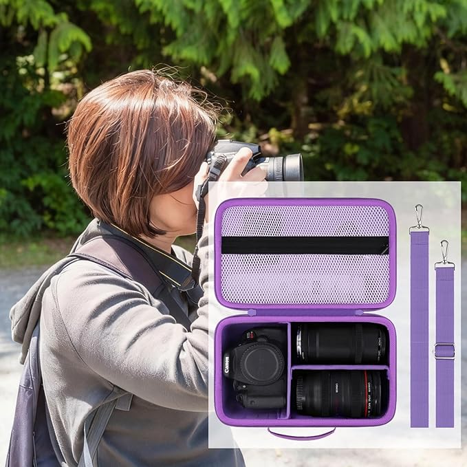 Camera Case Compatible with Canon EOS Rebel T7 / T100 / R50 / R100 / R5 / R6 Mark II / 90D DSLR Camera with 18-55mm Lens,Sony,Nikon DSLR Camera Protective Case with Shoulder Strap (Purple Case)