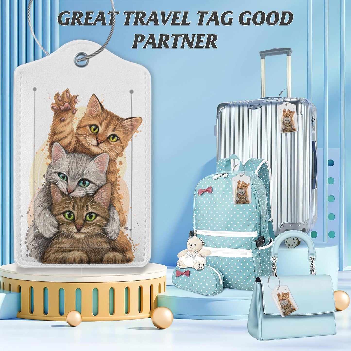 3 Pack Luggage Tag for Suitcase,Cute Funny Cat Leather Luggage Tags with Privacy Cover Name ID Label Identifiers Travel Bag Tags for Women Men Boys Girls