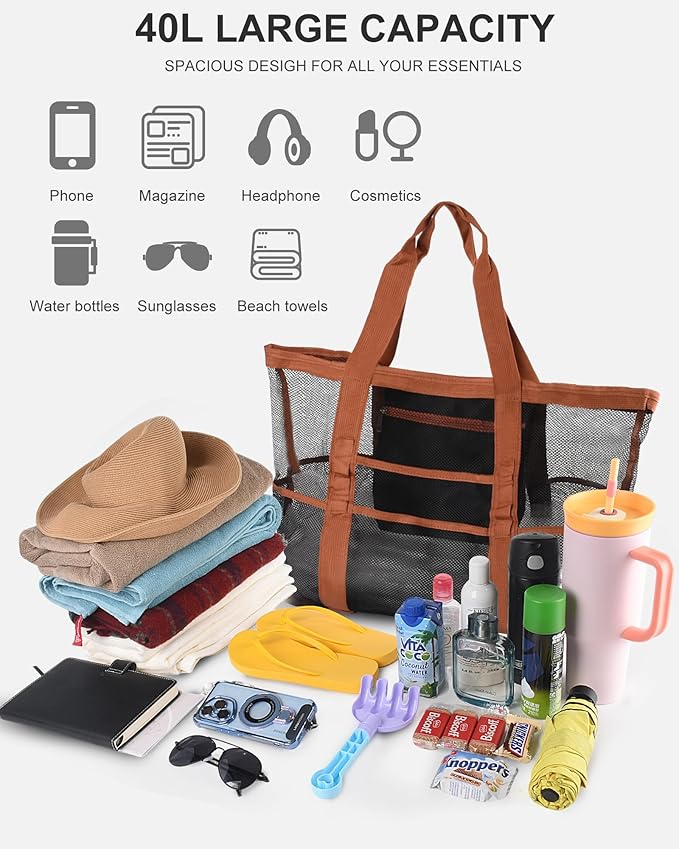 Genteen 40L Mesh Beach Bag, Foldable Sandproof Tote with Waterproof Pocket Quick Dry for Women Family Pool Vacation(White