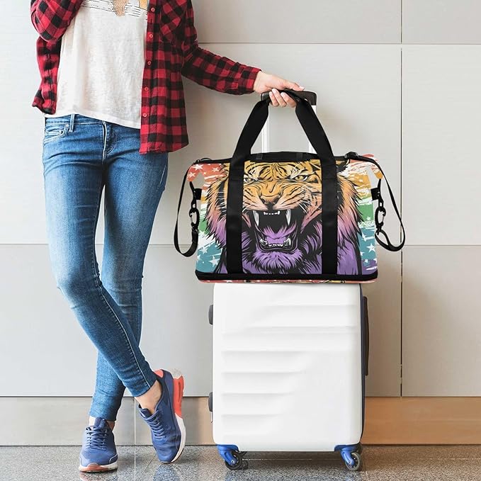 Travel Duffel Bags for Women Cool Tiger Head Sports Duffel Bags Gym Bags with Shoes Compartment Tote Bag Weekender Bag for Travelling