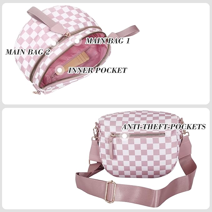 Checkered Crossbody Bag for Women, Spacious Sling & Stylish Bum Bag for Travel, Concerts, Festival, Nylon Fanny Pack Belt Bag (Colour Bum Bag-Pink Checkered)