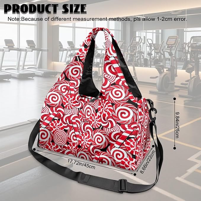 Christmas Candy Cane Gym Bag for Women with Shoe Compartment Personal Item Bags Fitness Workout Overnight Weekender Duffle Bag for Travel Carry On Christmas Outfits Gifts Decor