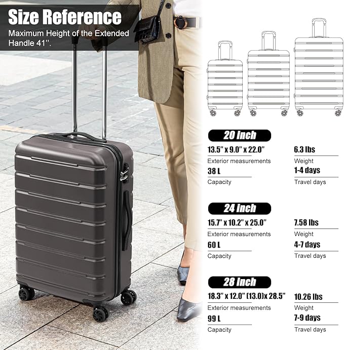 Coolife Luggage 3 Piece Set Suitcase Spinner ABS+PC Hardshell Lightweight TSA Lock USB Port, 20in 24in 28in Carry on Expandable (only 28’’), Gray