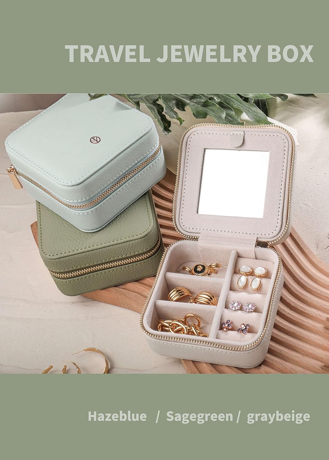S.Leaf Travel Jewelry Organizer Travel Jewelry Boxes for Women Small Jewelry Travel Case Box Portable Travel Jewelry Case Travel Case Mini Jewelry (04_Lychee_Sage_Green)