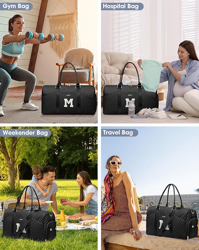 Women Weekender Travel Duffle Bag: Initial Duffel Overnight Bags with Shoe Compartment Large Carry on Tote with Toiletry Bag Weekend Traveling Yoga Gym Hospital Bag for Women with Wet Pocket Letter M