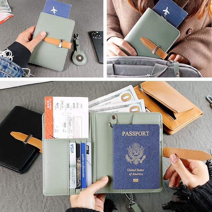 Deziliao Passport wallets, Mulit-purpose RFID Blocking Passport Holder AirTag Wallet, Travel Wallet(Moss Green)