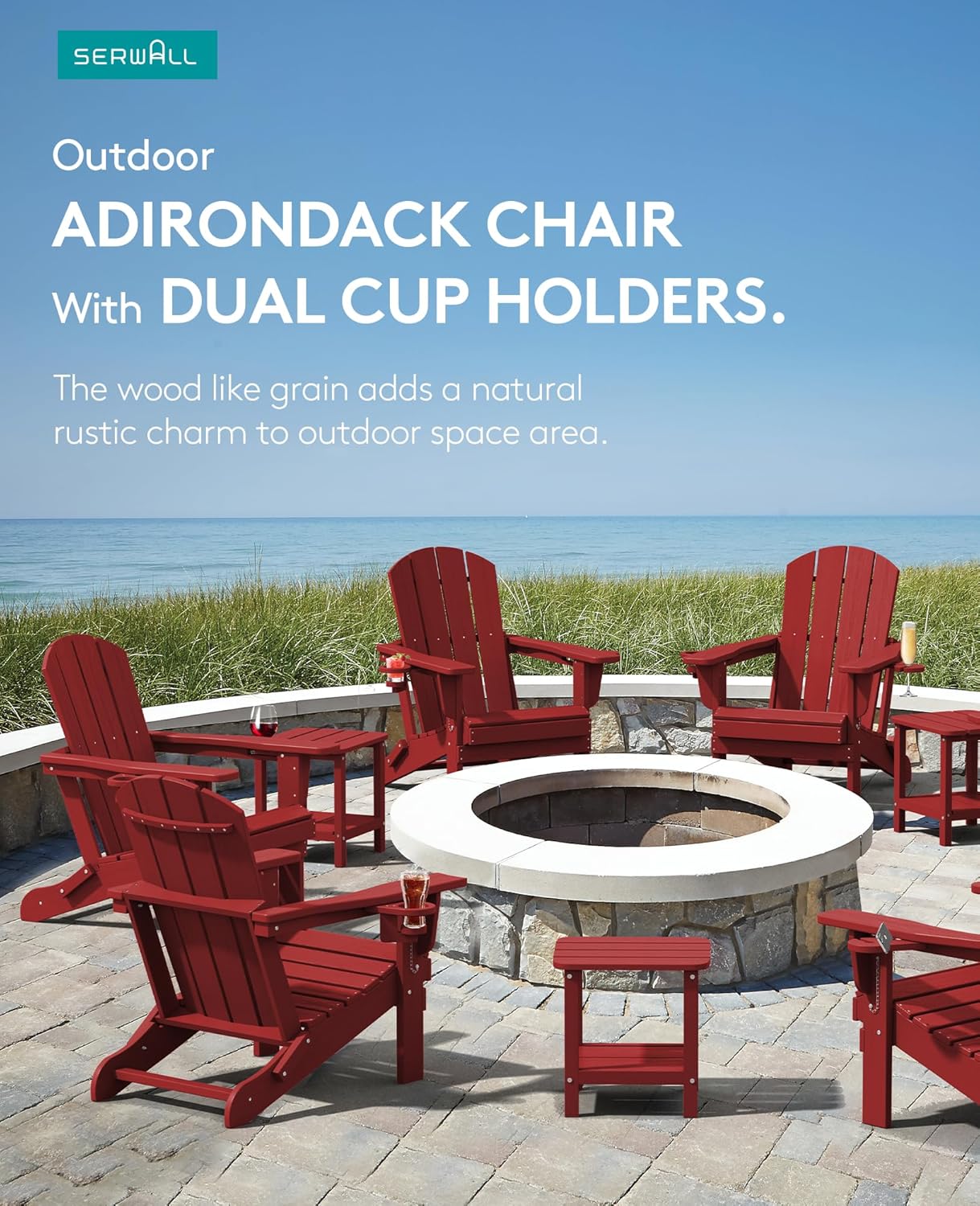 SERWALL Adirondack Chair with Cup Holders - Composite Adirondack Chairs Set of 8 HDPE Outdoor Chairs All Weather Use- Dark Red
