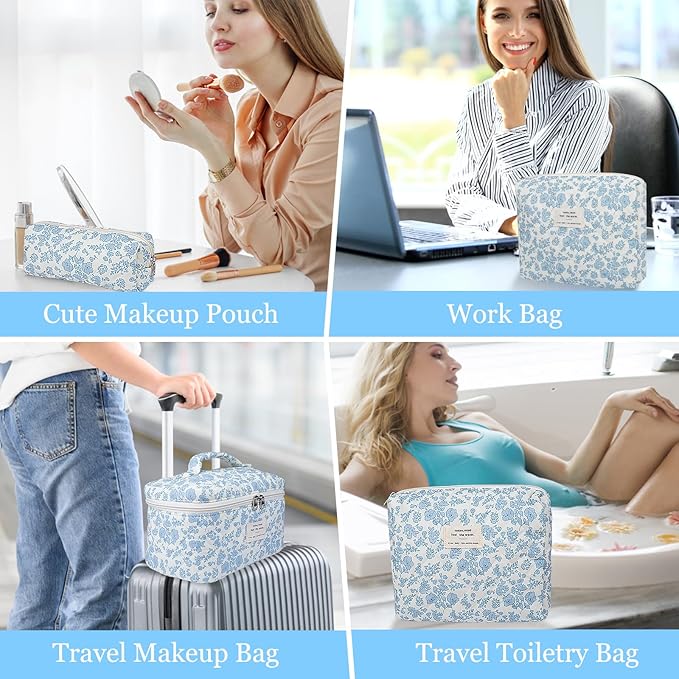 3pc Makeup Bag Set, Quilted Makeup Bag Set, Large Floral Cosmetic Bag for Women, Cute Cotton Makeup Bags, Flower Travel Toiletry Organizer Bag (Cartoon Park Print)