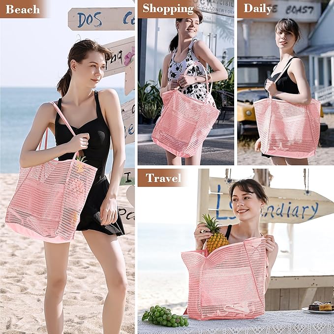 Tavaleu Mesh Beach Bag, Beach Bags for Women, Woven Straw Beach Tote Bag Waterproof with Inner Pocket, Packable Beach Bag