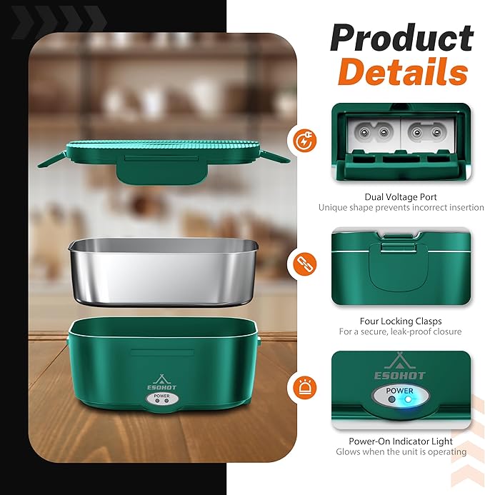 Heated Lunch Box,120W Electric Lunch Box for Adults with 1.5L 304 Stainless Steel Container, 12V/24V/110V Lonchera Eléctrica Portátil for Travel,Work,Car,Truck (Dark Green, 1.5L x 4)