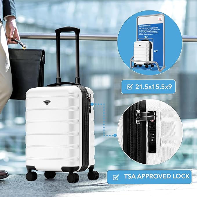 Flight Knight 21.5x15.5x9 Expandable Carry On Suitcase Hardside TSA Lock & USB C Port Lightweight Luggage Silent Double Spinner Wheels Maximum Canada Air Overhead Bag Airlines Approved White