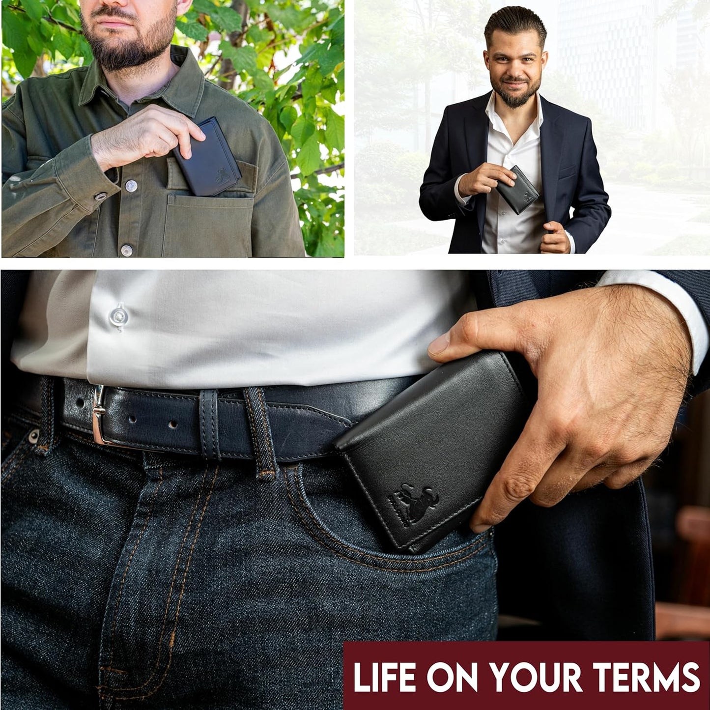 BULL GUARD Genuine Nappa Leather Trifold Wallet For Men RFID And ID Window