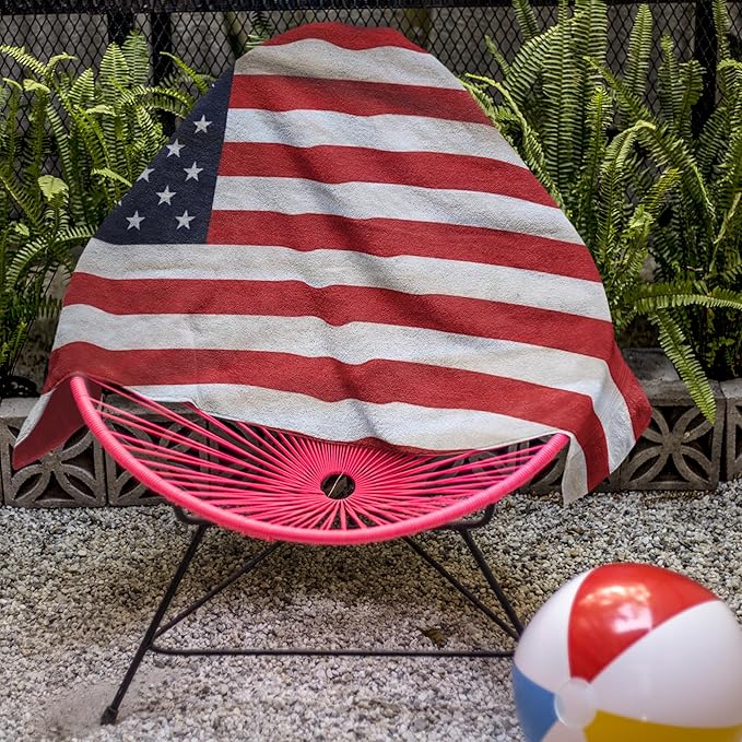 USA American Flag Beach Blanket Towel 30”x60” – 100% Cotton Velour, Highly Absorbent, Fast Drying, Easy-Pack for Spring Break, Vacation, Beach, Pool, or Sunbathing, Lightweight, Compact