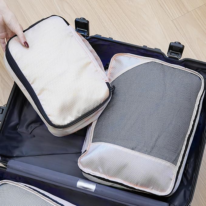 8-Piece Packing Cubes for Travel, Mesh Luggage Organizers with Shoe Bag, Toiletry Bag, Laundry Pouches, 4 Sizes (XL/L/M/S) for Suitcase Organization, Men Women Kids, Beige