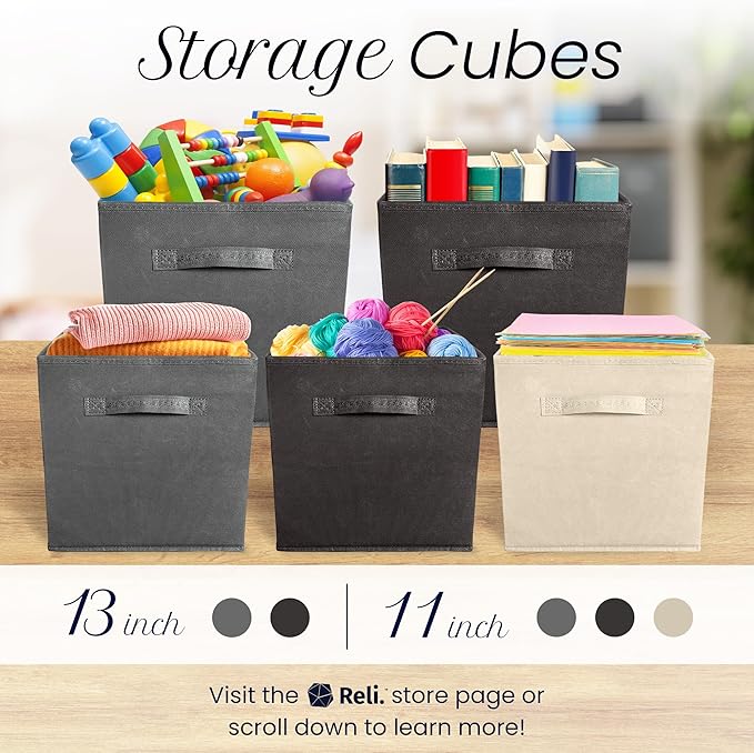 Reli. 13x13x13 Storage Cube Bins (8 Pack) | Large Cube Organizer Bins | 13x13 Fabric Storage Boxes | Fits Kallax | Collapsible, Foldable Fabric Cubby Box (Square) | Kids Room Organization (Black)