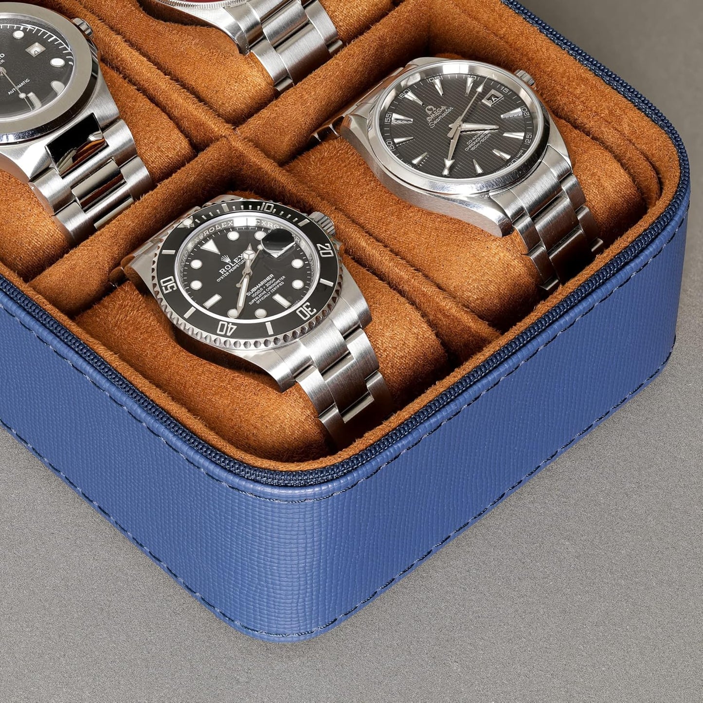 ROTHWELL 5 Watch Travel Case Storage Organizer for 5 Watches | Tough Portable Protection w/Zipper Fits All Wristwatches & Smart Watches Up to 50mm (Blue/Tan)