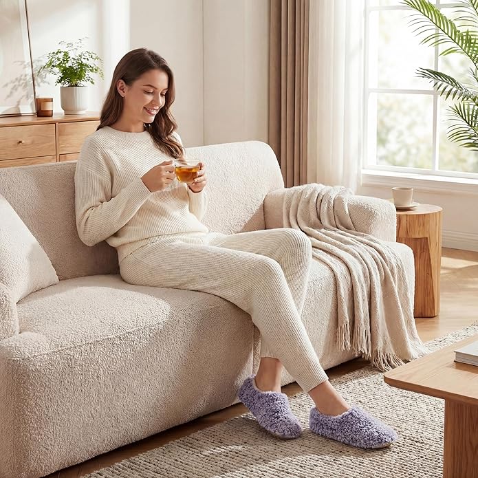 Cozylook 2-Pair Women's Soft Sole Slipper Socks with Grippers, Thick Warm Cozy Sherpa Lined Home Socks Set, Cable Knitted Non-slip Fluffy Winter House Bedroom Slippers