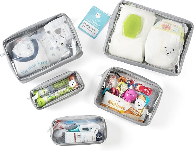 5 Piece Diaper Bag Organizer Pouch Set, Clear with Zippers and Nestable